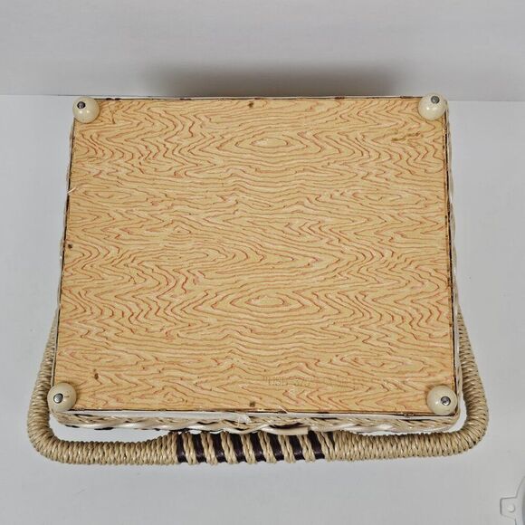 Sewing Notions Box Craft Basket Vintage Woven Wicker Floral Retro Mid Century - Picture 14 of 15